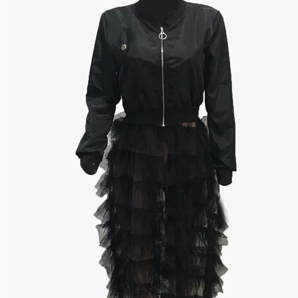 Black Bomber Jacket with Ruffled Skirt